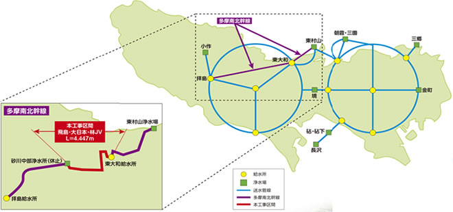 東大和市桜が丘三丁目地先から砂川中部浄水所間送水管（2000㎜）用トンネル築造工事（東京都）の現場位置図