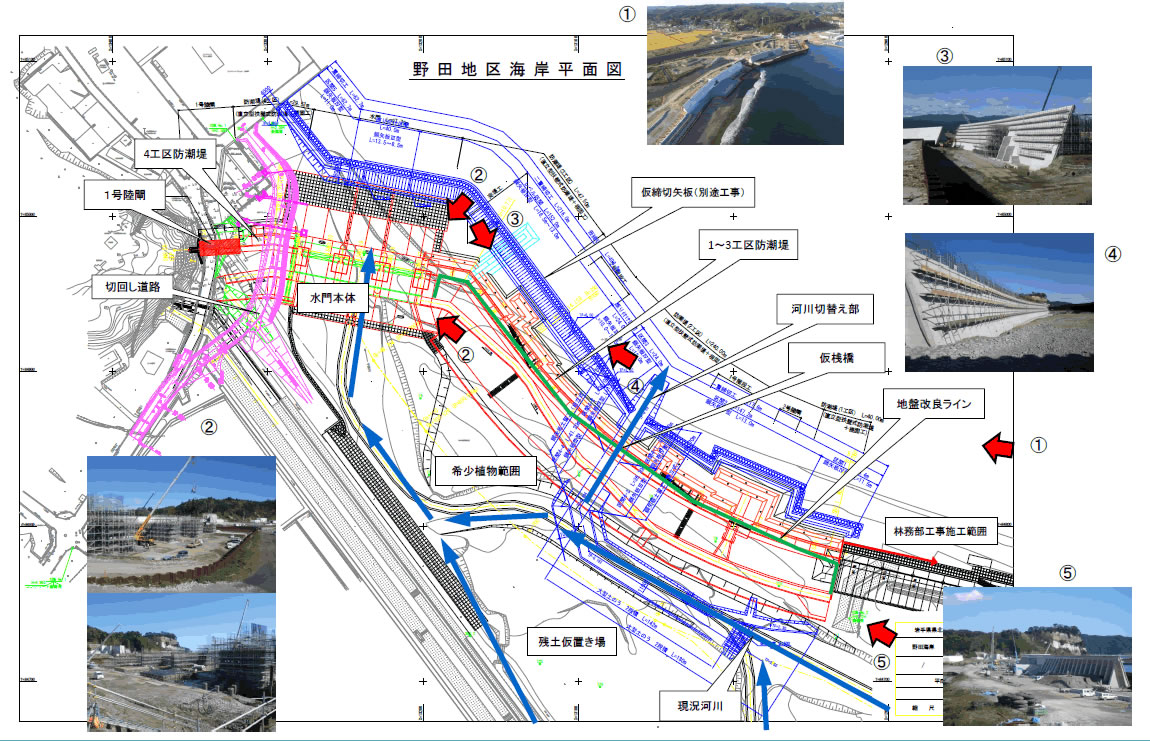 野田地区海岸防潮堤ほか工事（岩手県）の全体平面図