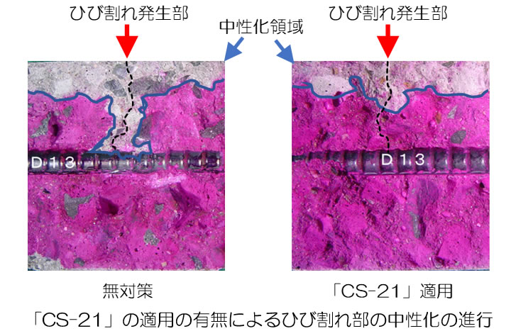 「CS-21」の適用の有無によるひび割れ部の中性化の進行 イメージ