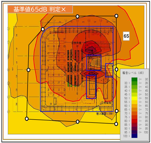 対策前の騒音シミュレーション結果のイメージ